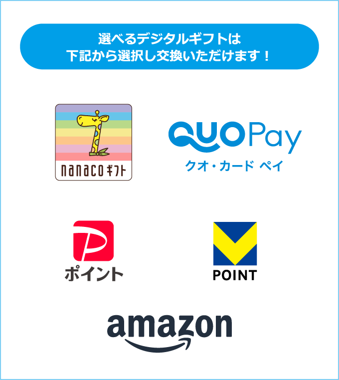 選べるデジタルギフトは下記から選択し交換いただけます！ nanacoギフト QUOカードPay PayPayポイント VPOINT Amazonギフト